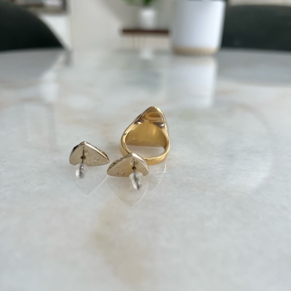 Swarovski Gold Gem Earring Ring Set Maximalism Triangular Set Bold Geometric - Picture 2 of 4